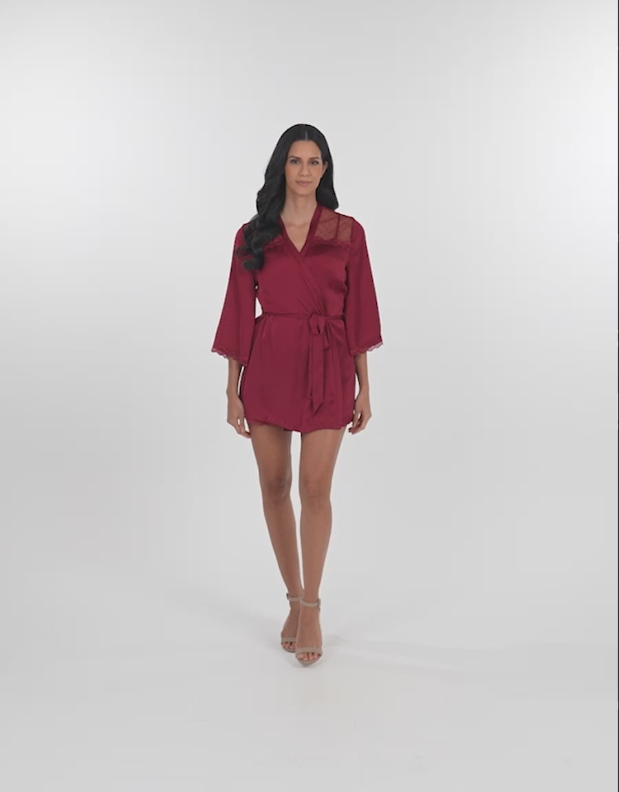 Lace-Trim Satin Short Robe