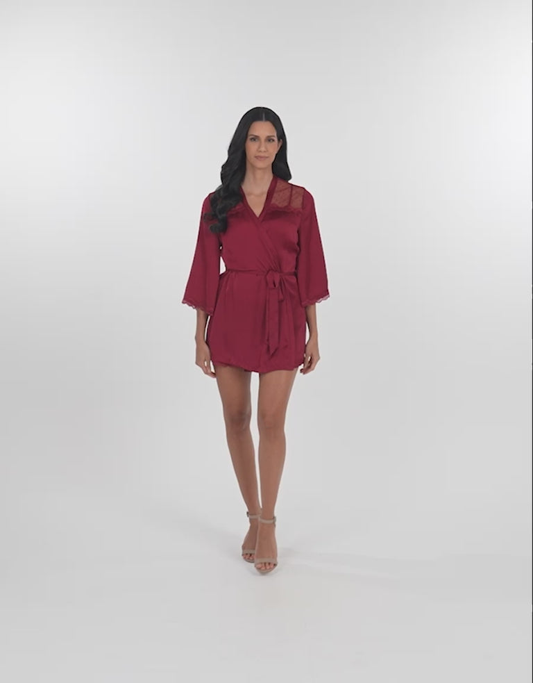 Lace-Trim Satin Short Robe