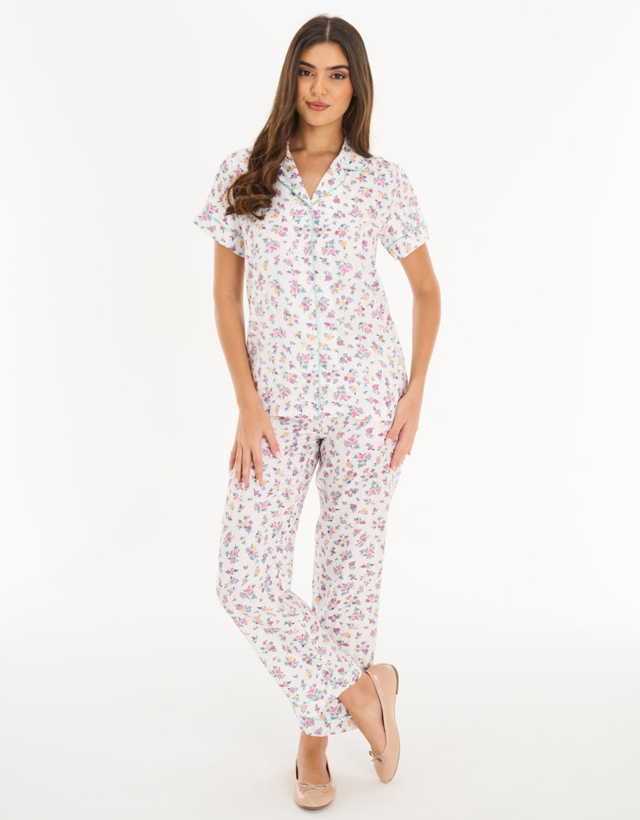 Satin Short-Sleeve Shirt with Pants Pajama Set in White