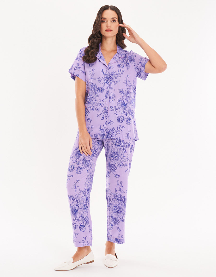 Floral Woven Short-Sleeve Long Pajama Set