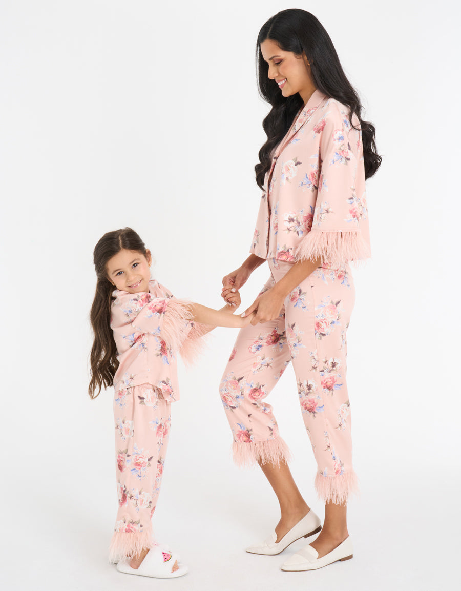 Feather-Trim Satin Pajama Set
