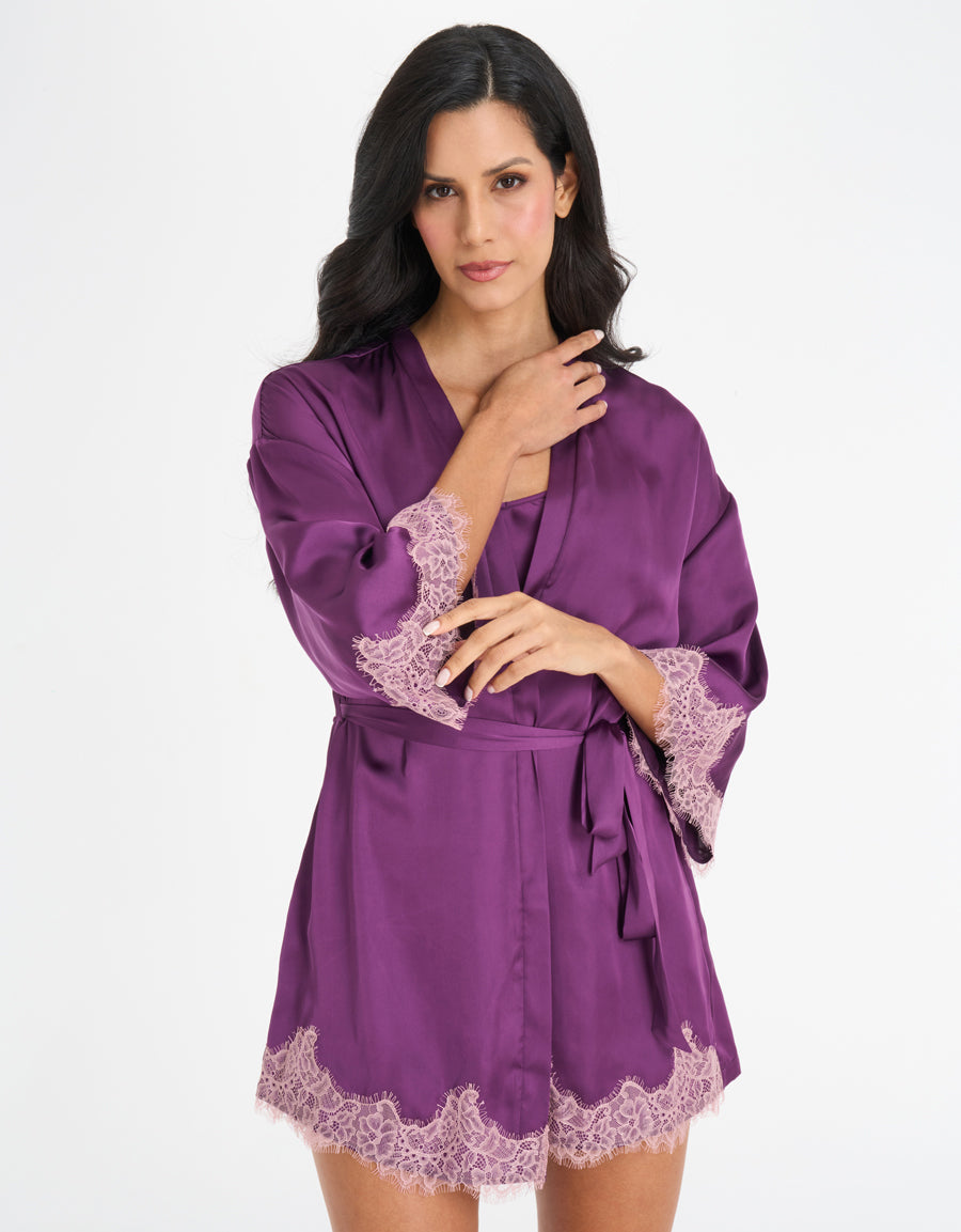Lace-Trim Satin Short Robe