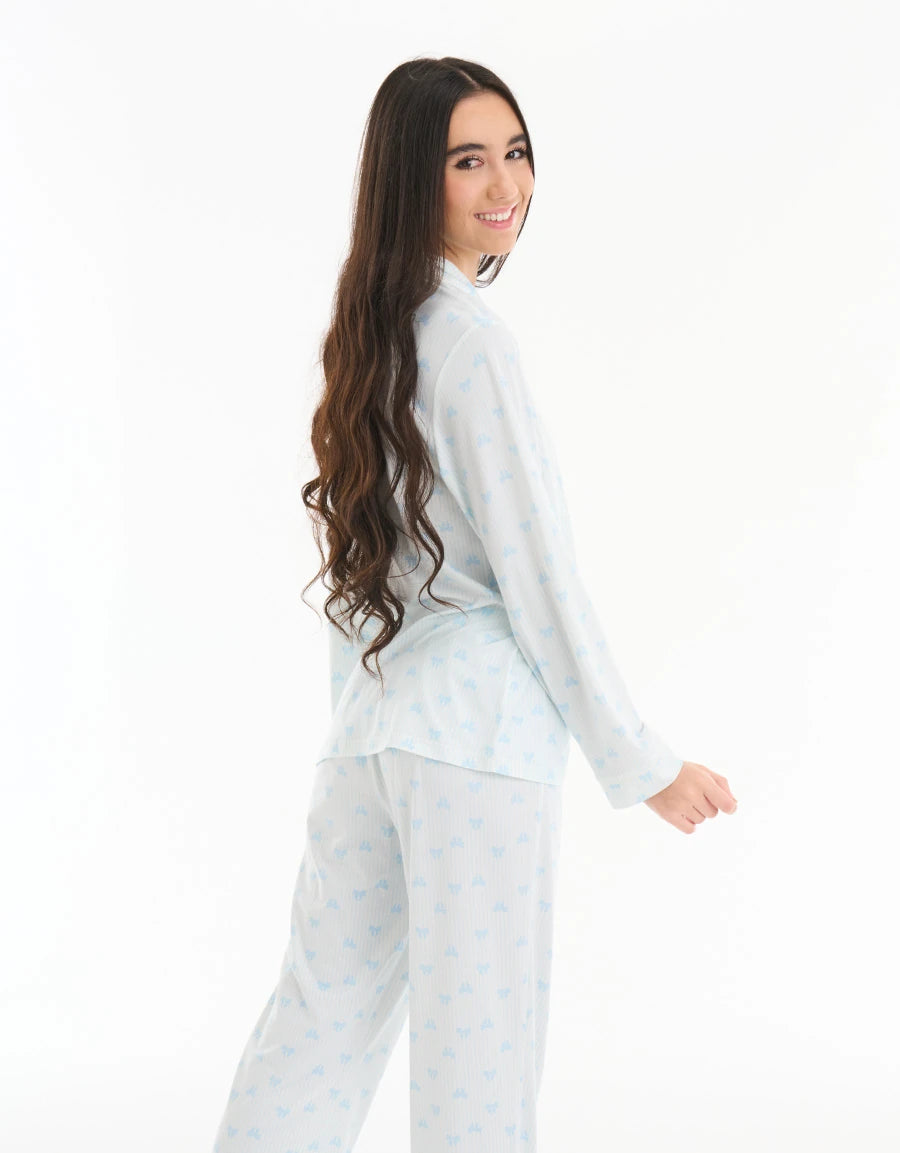 Ribbon-Trim Print Pajama Set