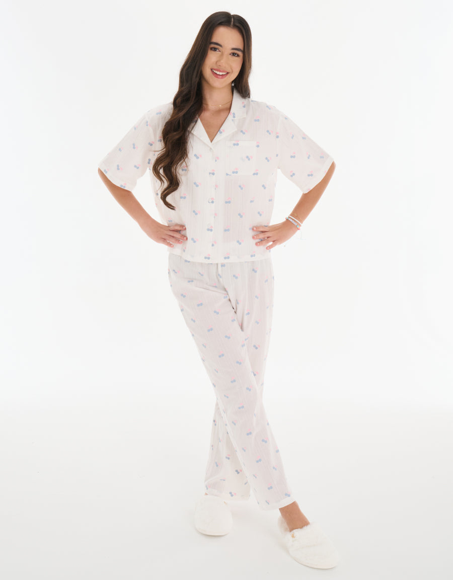 Cotton Midi-Sleeve Shirt with Pants Pajama Set in White