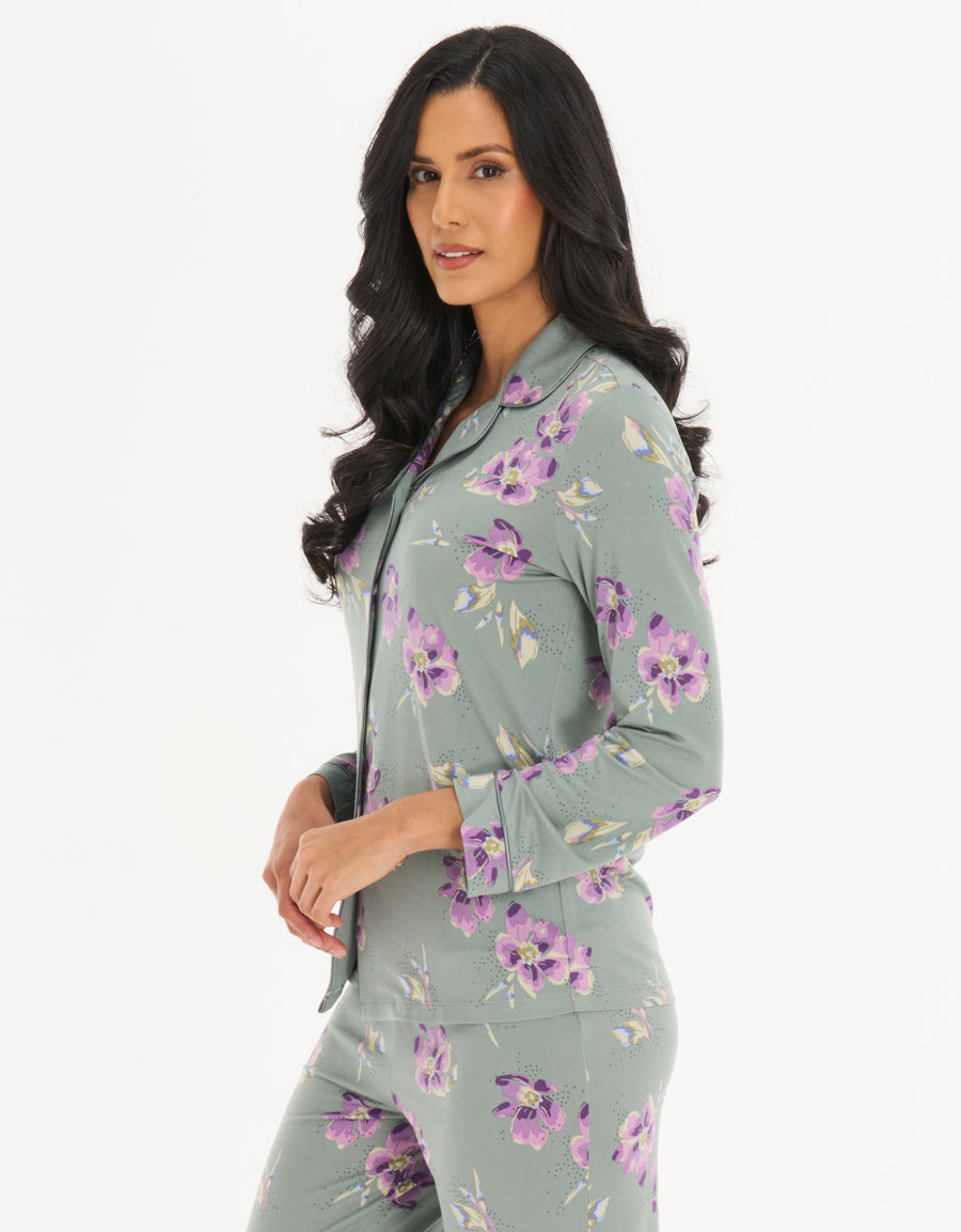 Jersey Long-Sleeve Shirt with Pants Pajama Set in Green