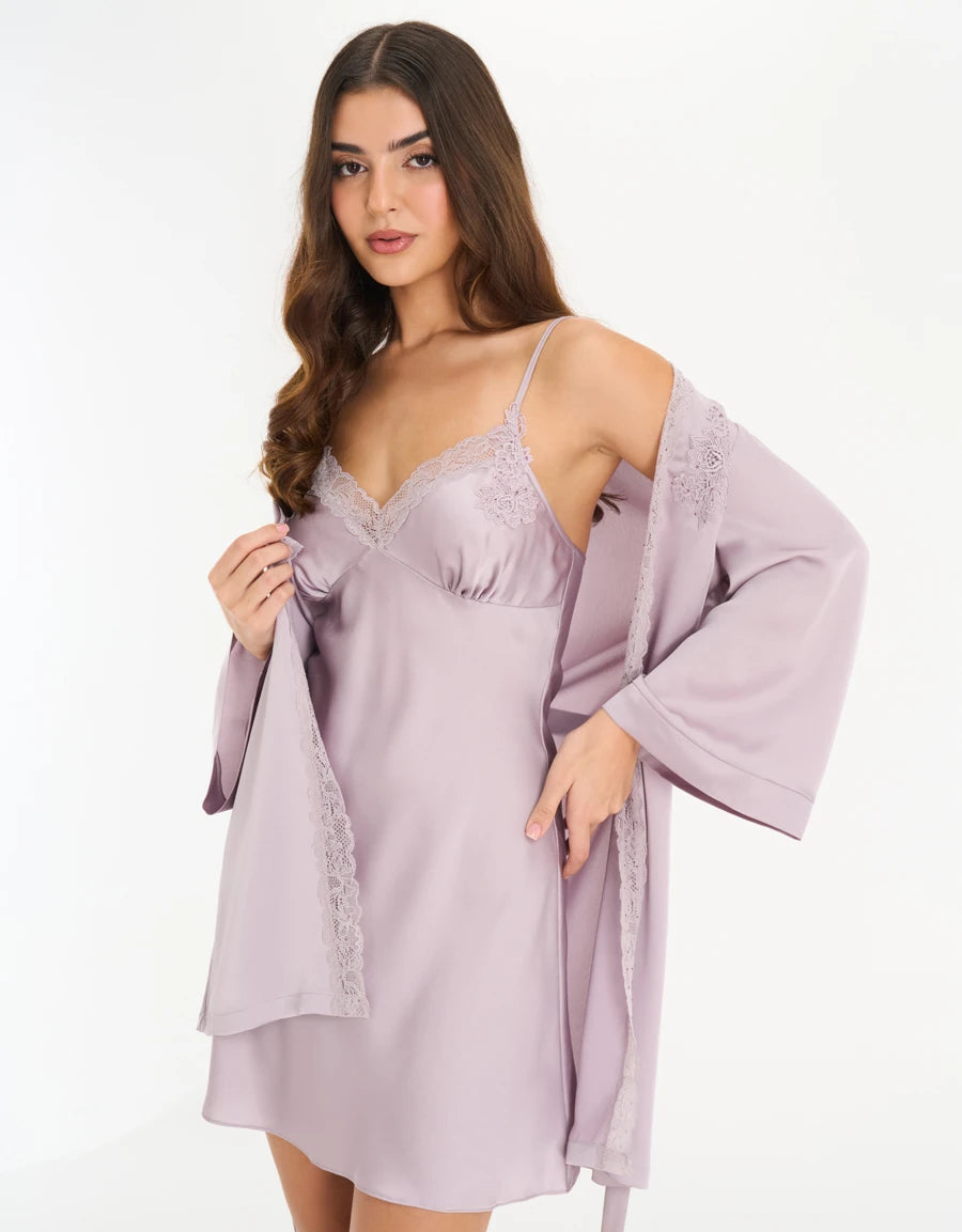 Lace-Trim Satin Short Dress Set