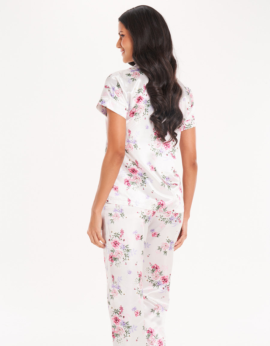 Floral Satin Short-Sleeve Long Pajama Set
